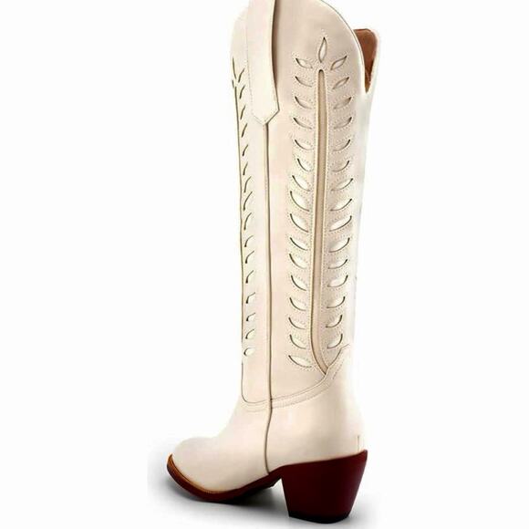 Dreamcia Women’s Knee High Cowboy Boots|Ivory Embroidery Design|Faux Leather|9.5 - Picture 1 of 16